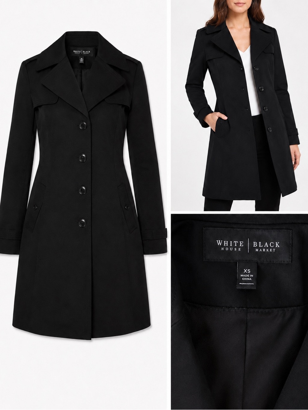 NWT White House Black Market Black Stitch Detail Trench Coat XS
